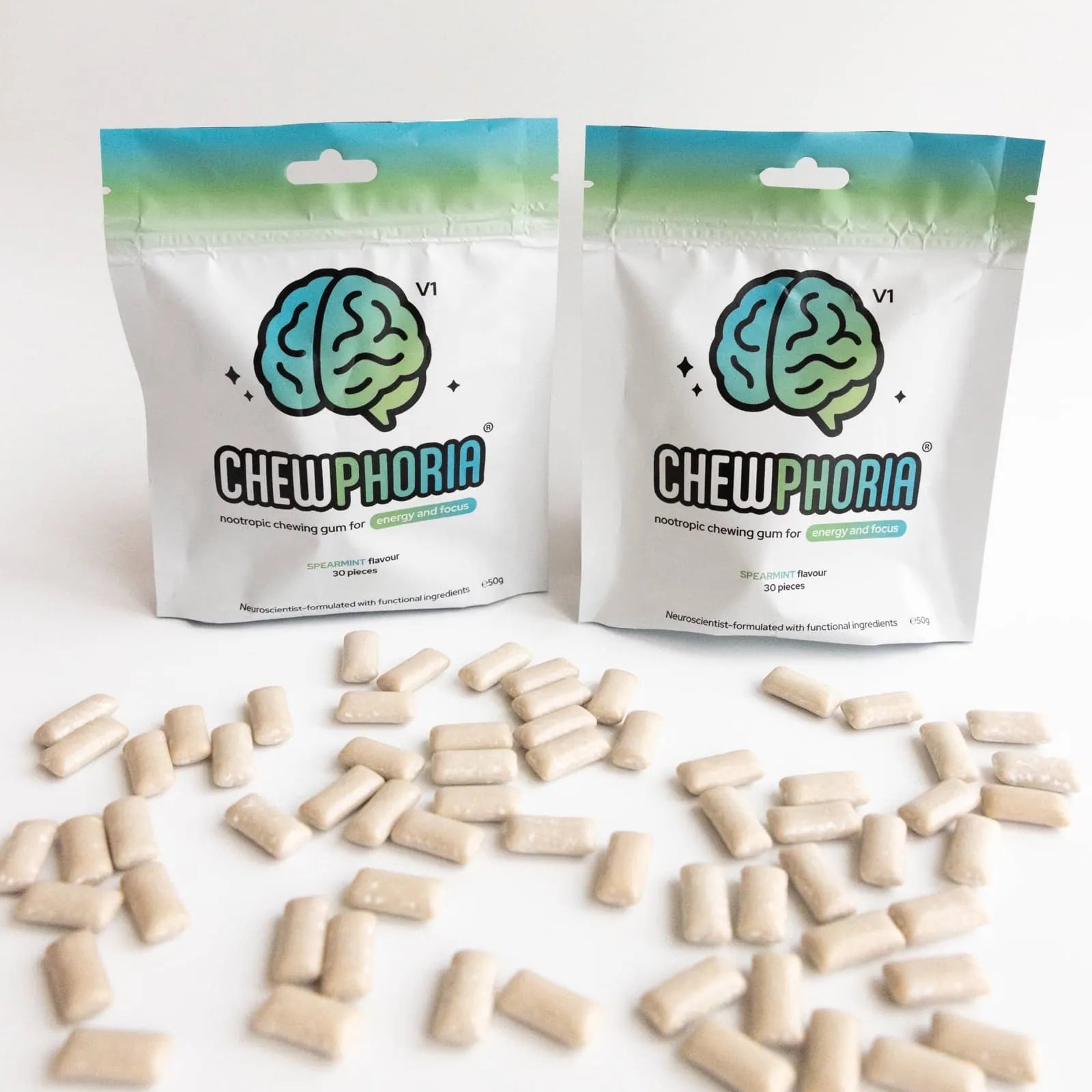 Two Chewphoria pouches with pieces scattered